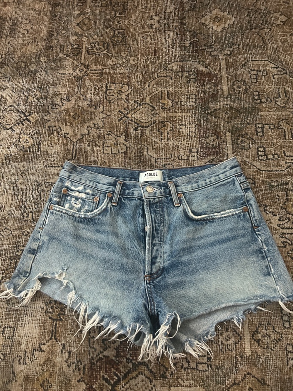Agolde Light Blue Frayed Denim Cutoff Shorts